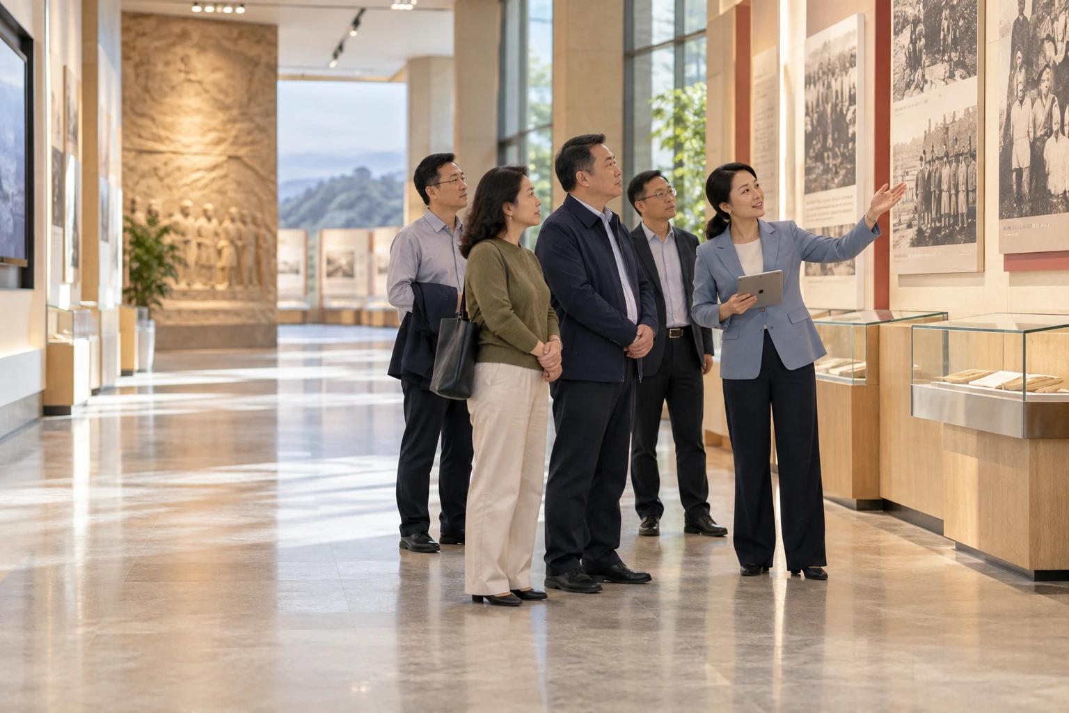 党校教师带成年学员在明亮教学基地展览走廊开展现场教学,标牌不可读,无徽标,业务场景示意