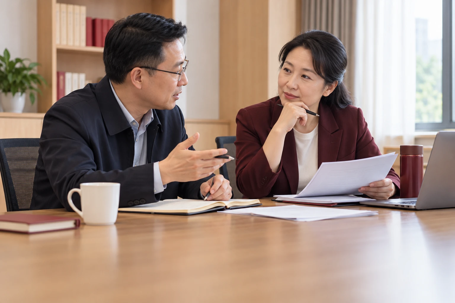 教研组两位教师在安静会议室交流课程反馈,桌上简洁报告和笔记本,无图表文字,业务场景示意