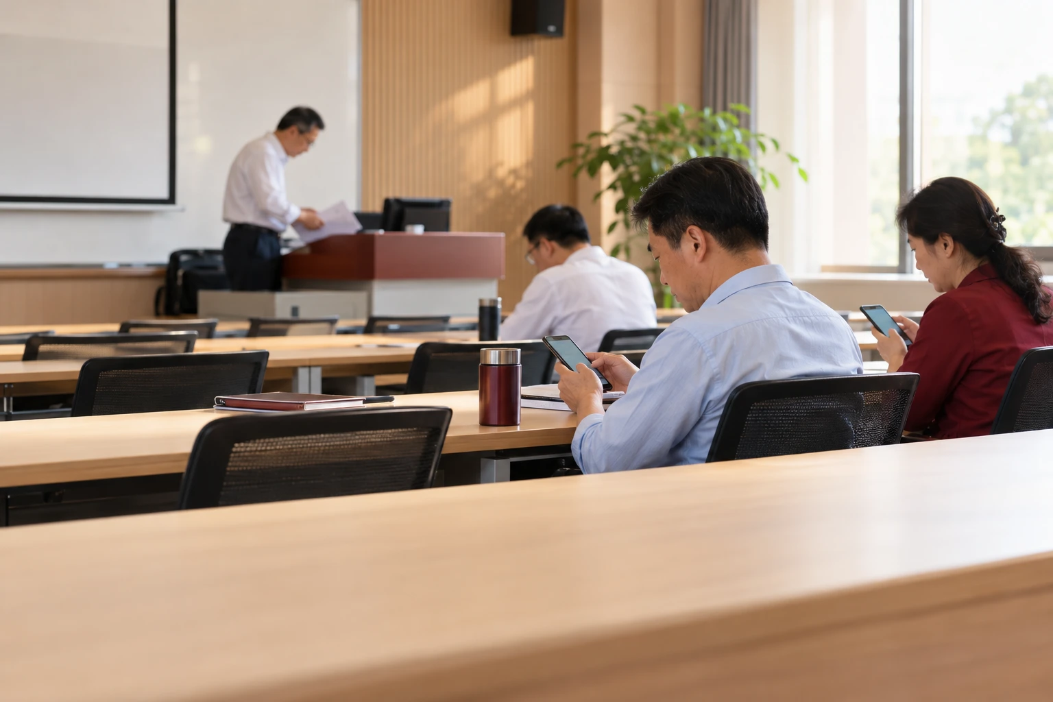 党校课堂结束后成年学员安静坐在桌旁使用手机填写课程反馈,屏幕背对镜头,教师在远处收拾讲义,业务场景示意