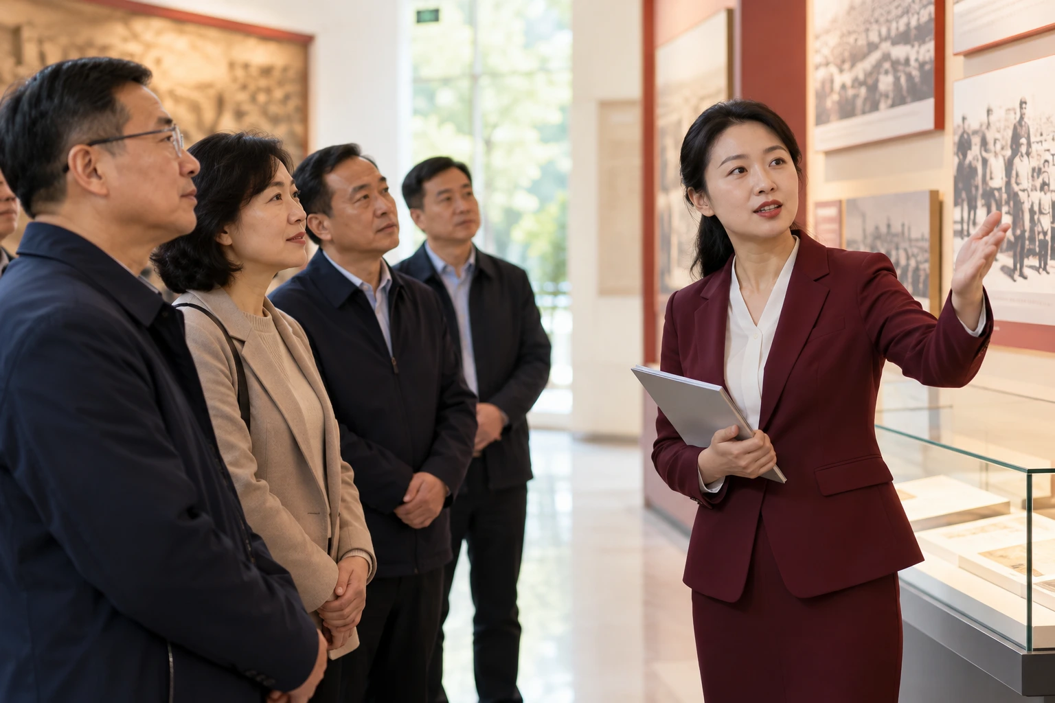 现场教学带队教师在明亮校园展陈空间为成人学员介绍资料,手持薄资料册,无可读标牌,业务场景示意