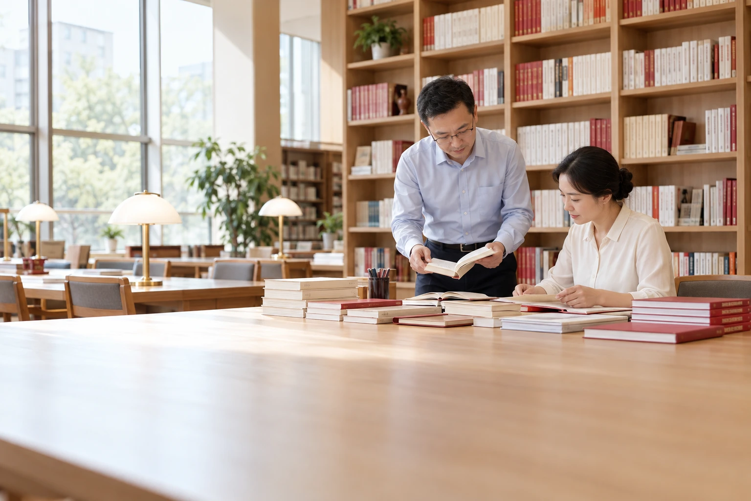 两位教师在党校图书阅览室整理课程参考资料,书架与宽敞阅读桌,桌上教材分类整齐,业务场景示意