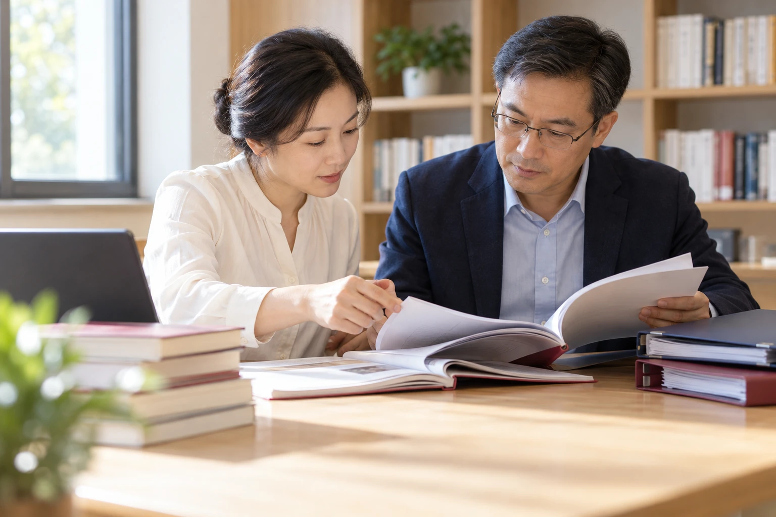 教学资源管理员在桌旁与教师核对两份教材和资料夹，近景，真实书页无可读文字，业务场景示意