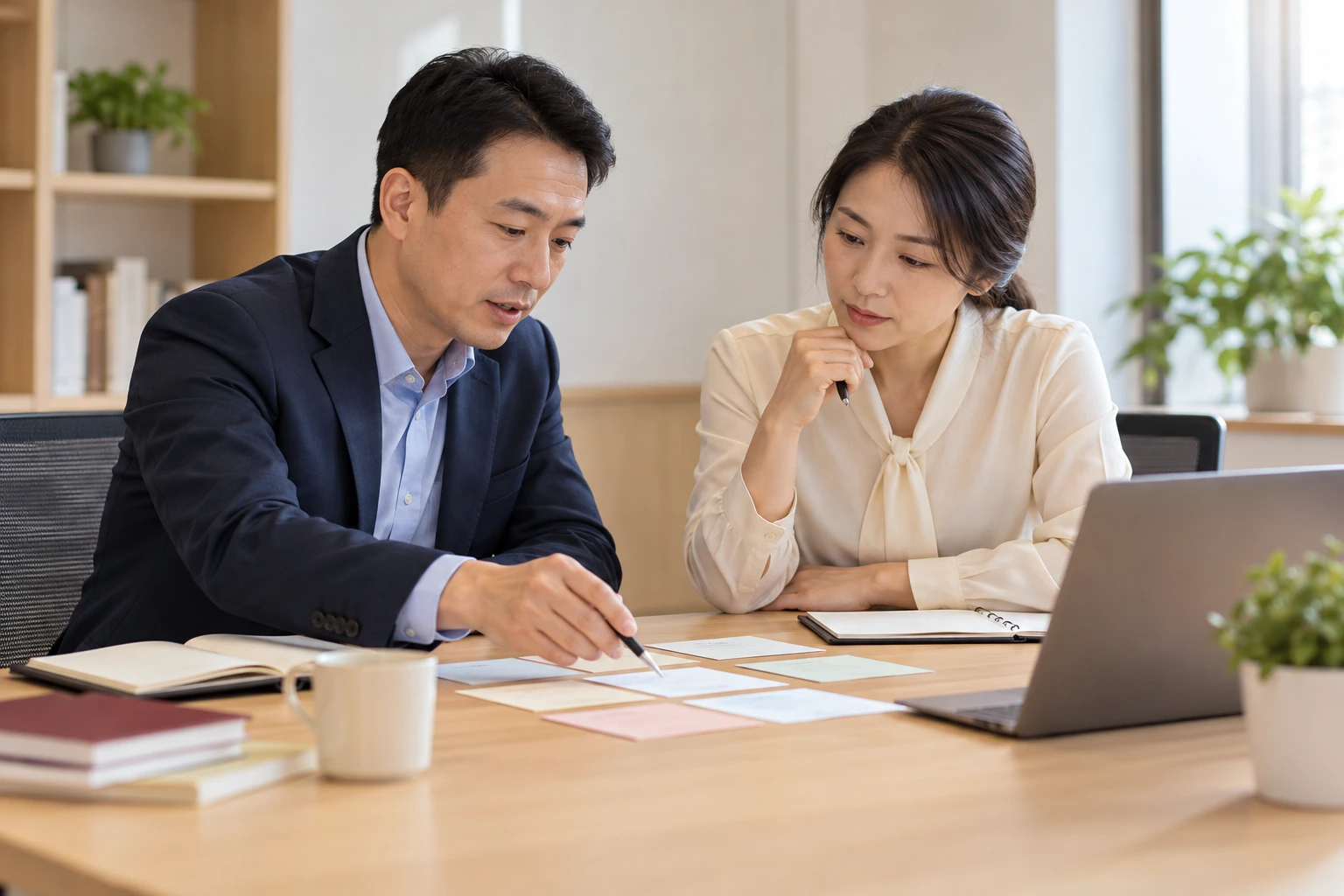 两位学校信息化管理人员在小会议桌旁讨论组织与岗位分工,简洁纸质卡片无文字,业务场景示意