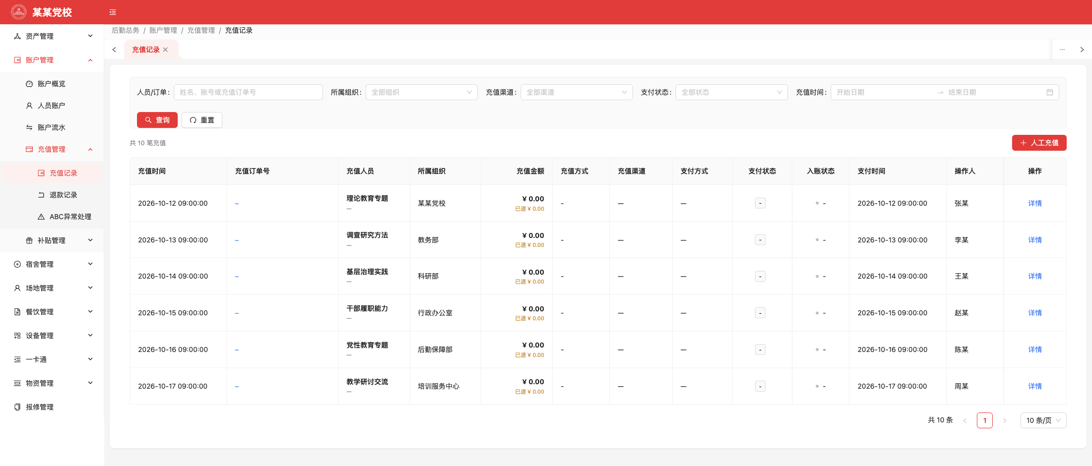 充值记录，原系统运行界面，模拟数据
