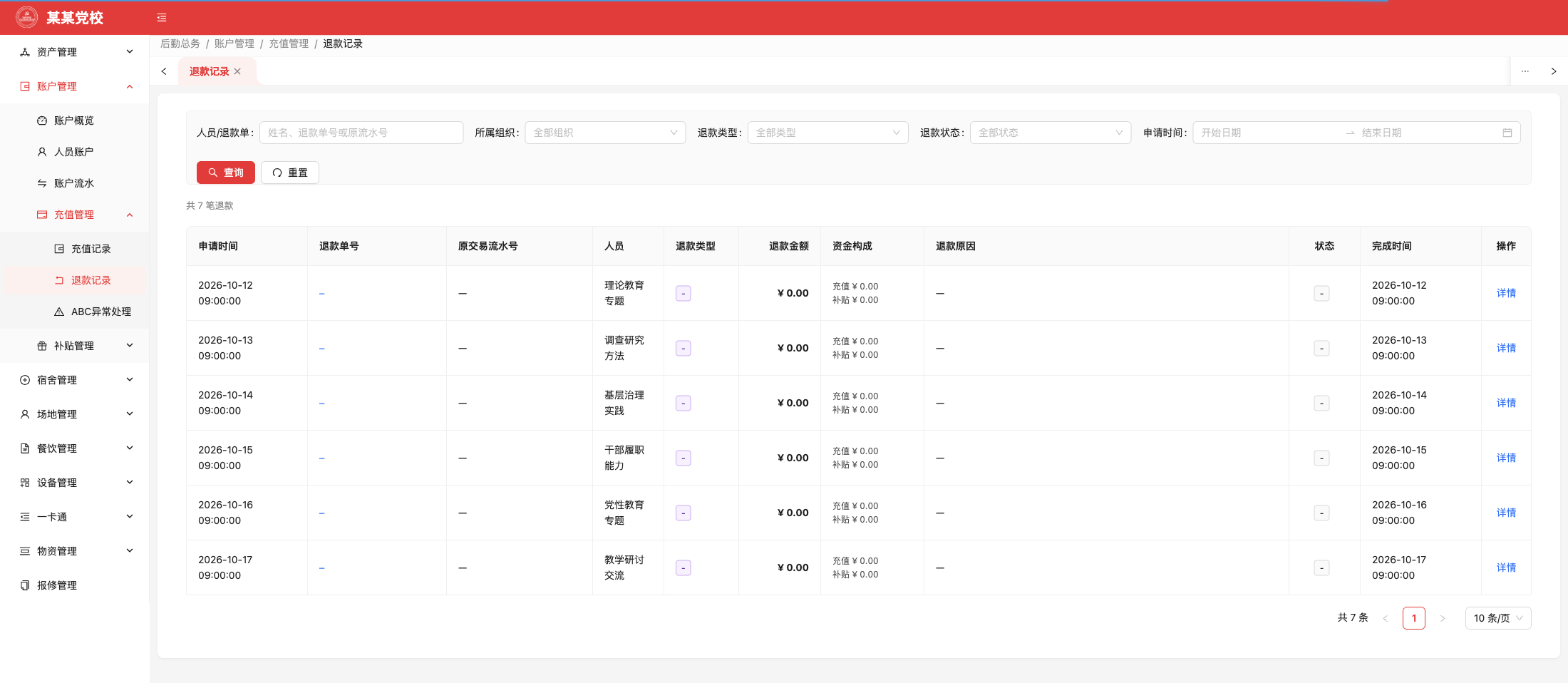 退款记录，原系统运行界面，模拟数据