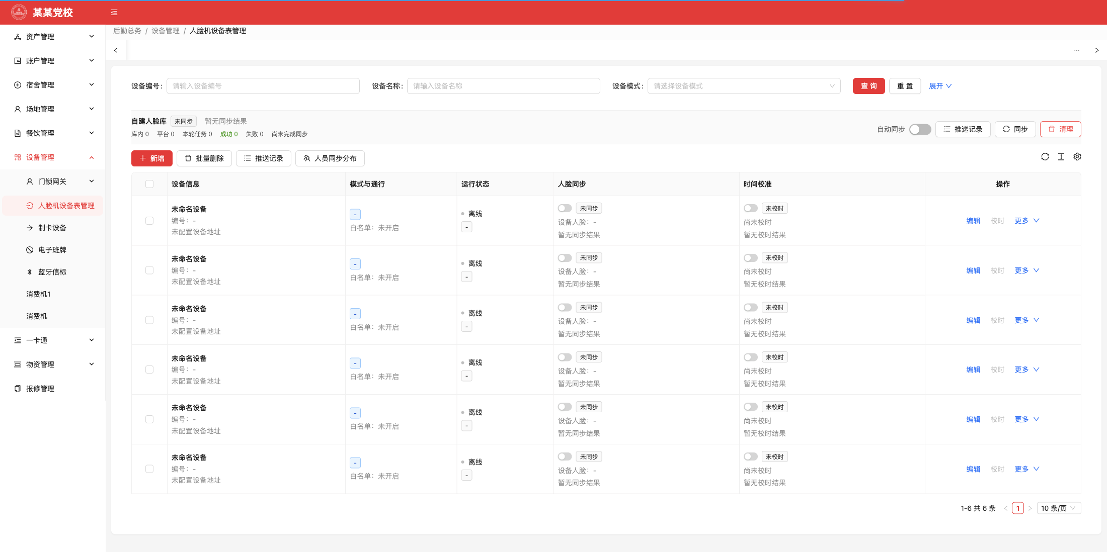 人脸机设备表管理，原系统运行界面，模拟数据