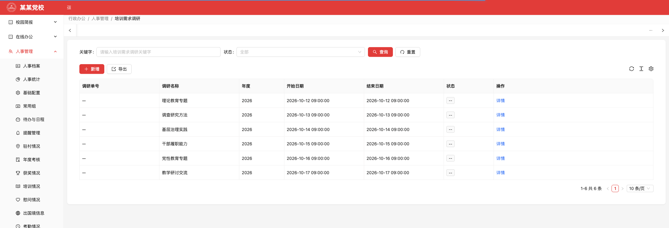 培训需求调研，原系统运行界面，模拟数据
