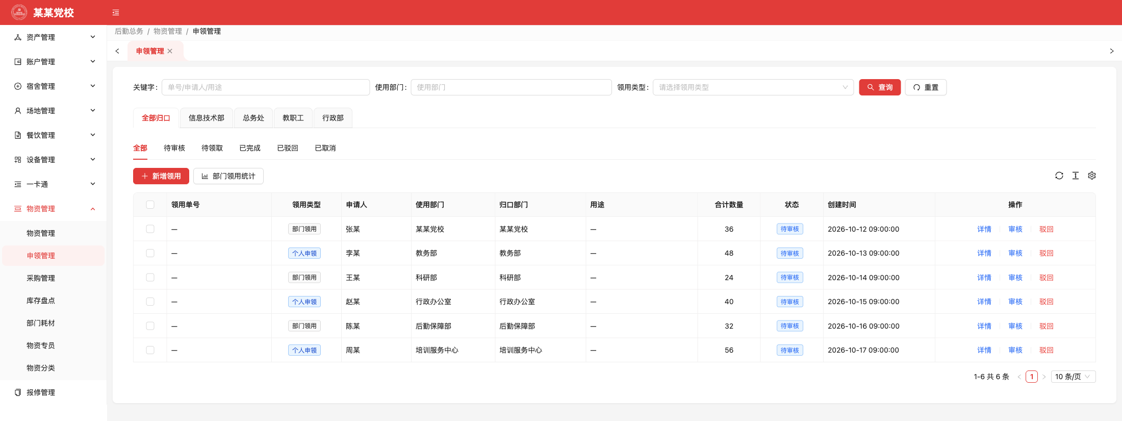 申领管理，原系统运行界面，模拟数据