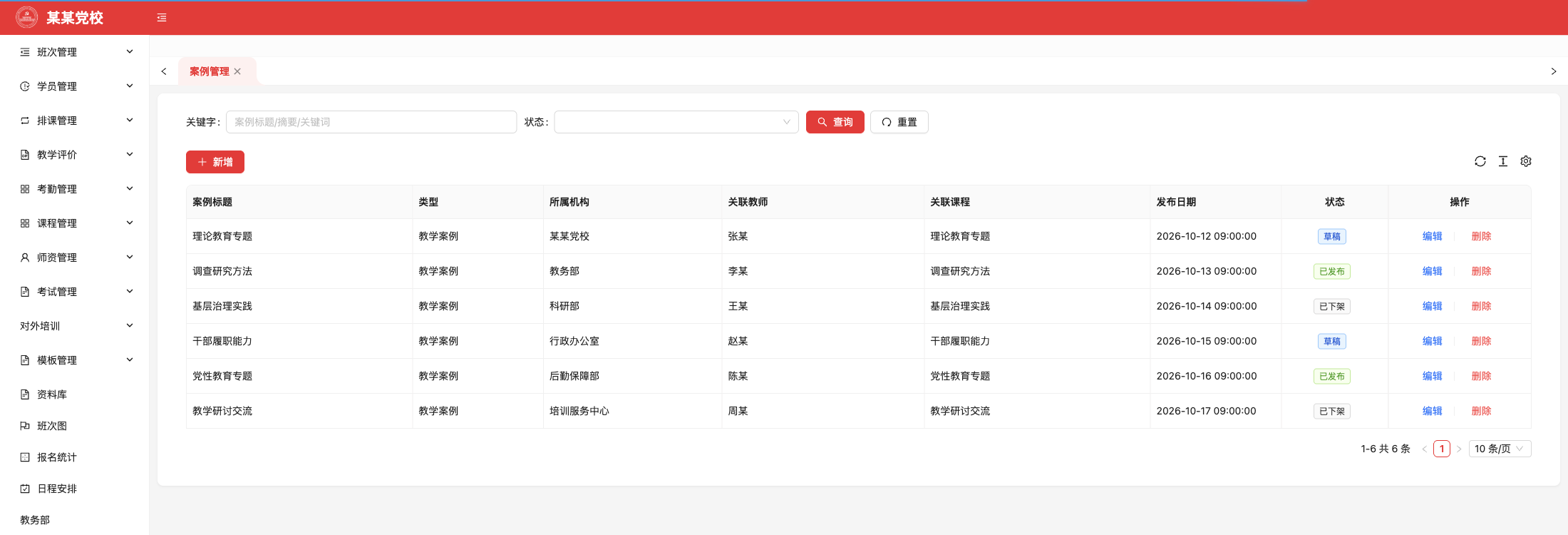 案例管理，原系统运行界面，模拟数据