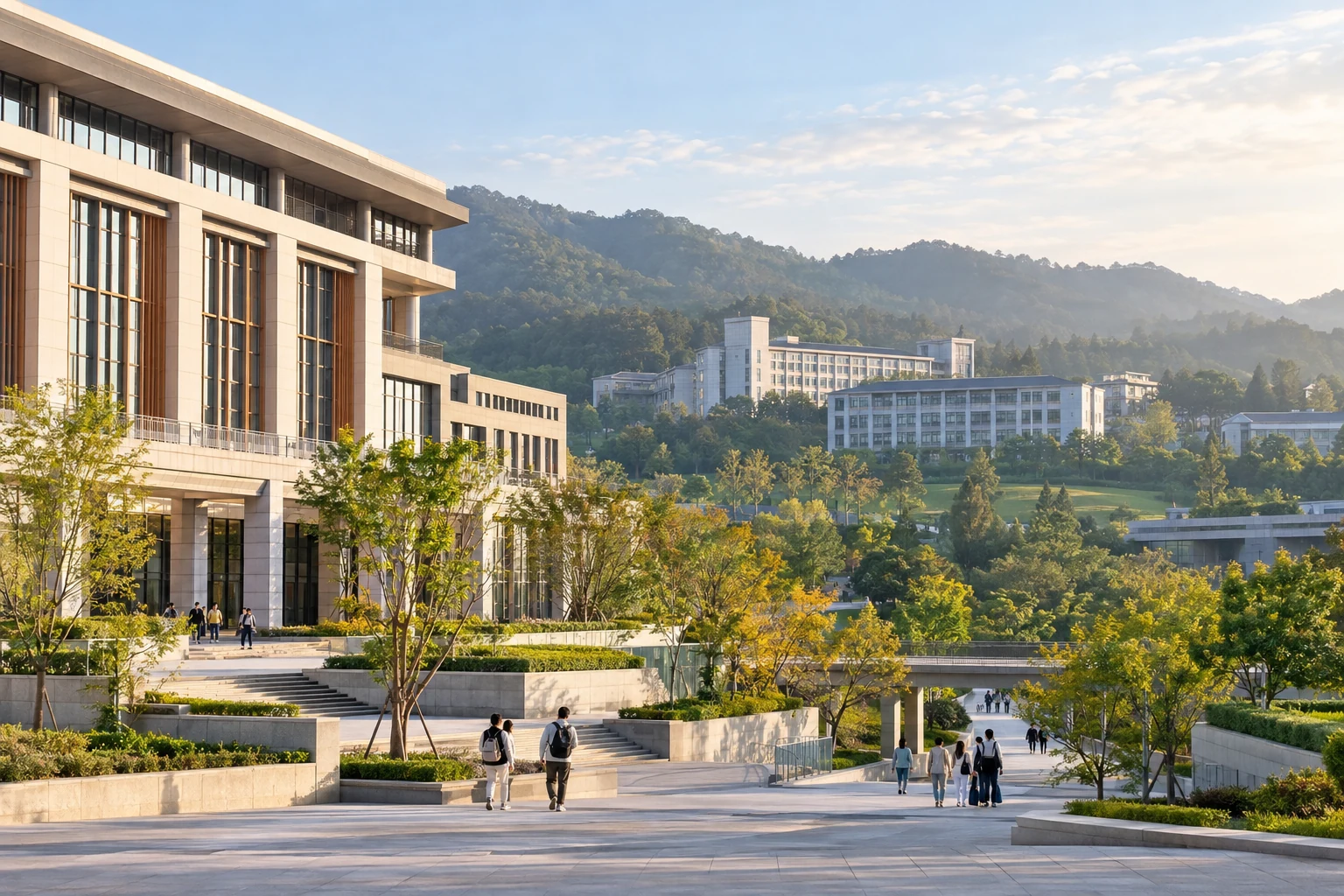 高质量中国成人教育校园建筑摄影,前景主校区教学楼,远景山坡有另一组校园式建筑,树木和步道相连,宽广但真实的地理环境,清晨自然光,无标牌无文字,不能虚构可读学校名,不要科技线条,业务场景示意
