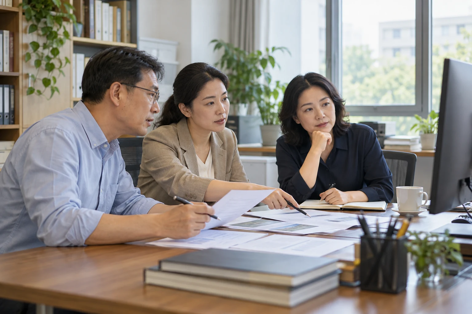学校统筹人员在明亮办公室参加一次远程跨校工作交流,室内三位中国中年工作人员看资料并讨论,显示设备仅见侧面无法辨识内容,强调不同学校共同讨论而不是屏幕UI,纪实照片,业务场景示意