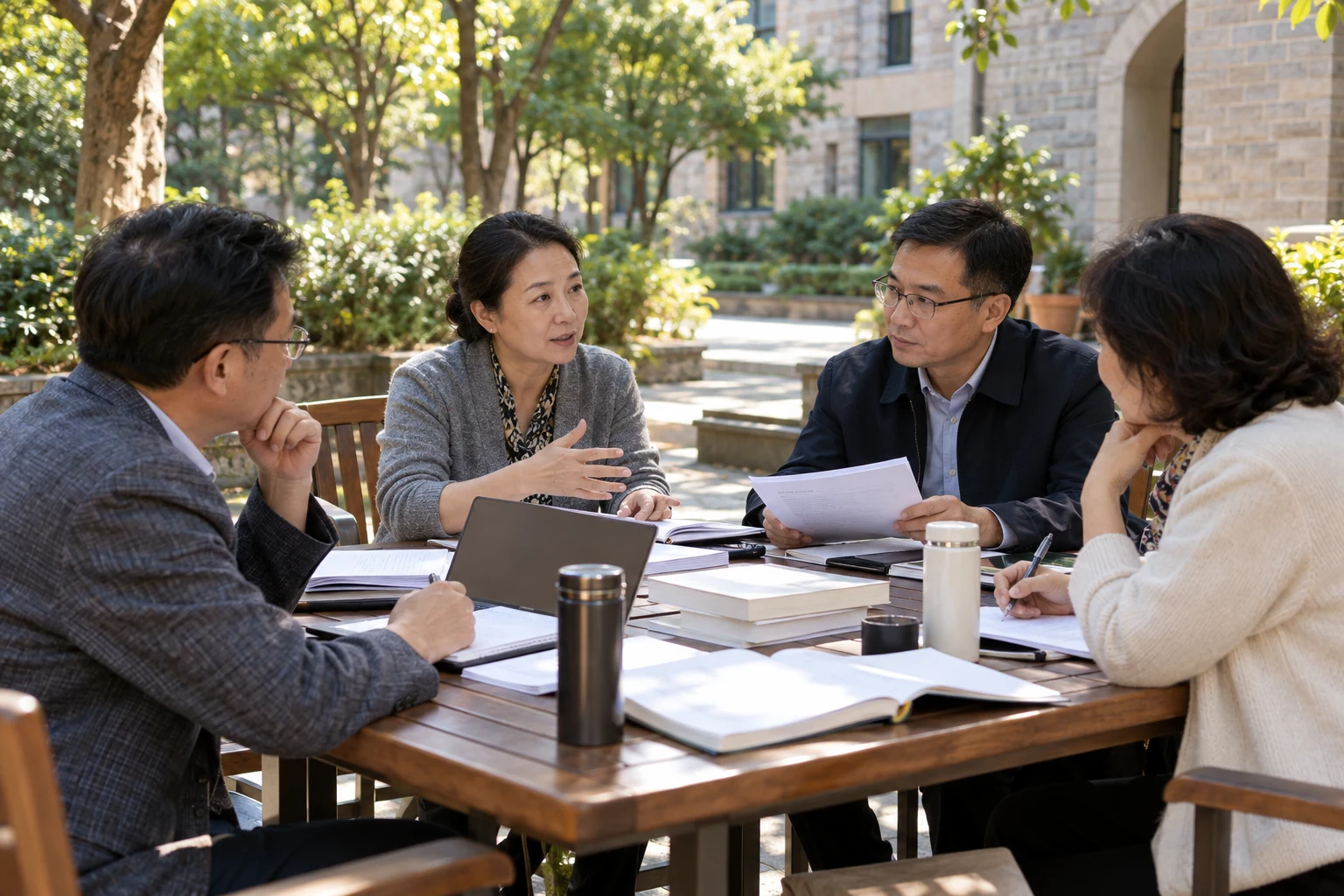 中国成人干部教育学校的教研交流活动,来自不同学校的几位中年教师在校园庭院围桌交流课程资料,真实不摆拍,绿树石墙温暖阳光,强调校际协作而非签约合影,业务场景示意