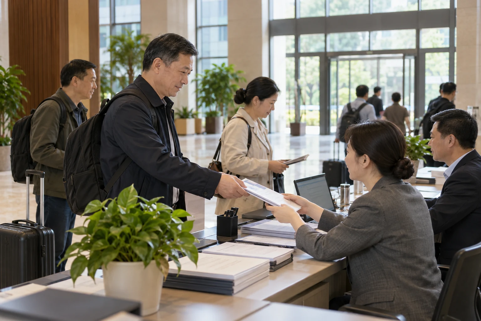 成人党校入学报到现场,中国中年学员在接待台递交资料,班主任与工作人员接待,背景可见整洁校园大厅与行李箱,自然纪实,不出现可读文字、品牌或门牌,业务场景示意