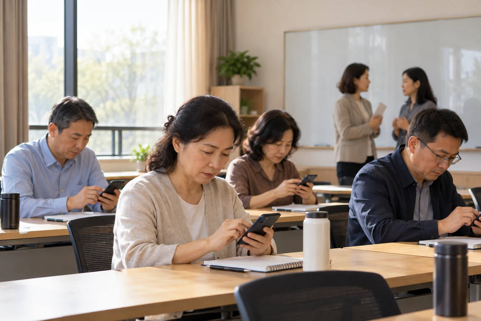 成人培训课程结束,教室里几位中年学员认真在手机上填写反馈,教师和班主任在远处轻声交流,温暖自然采光,不显示手机内容,不展示二维码,业务场景示意