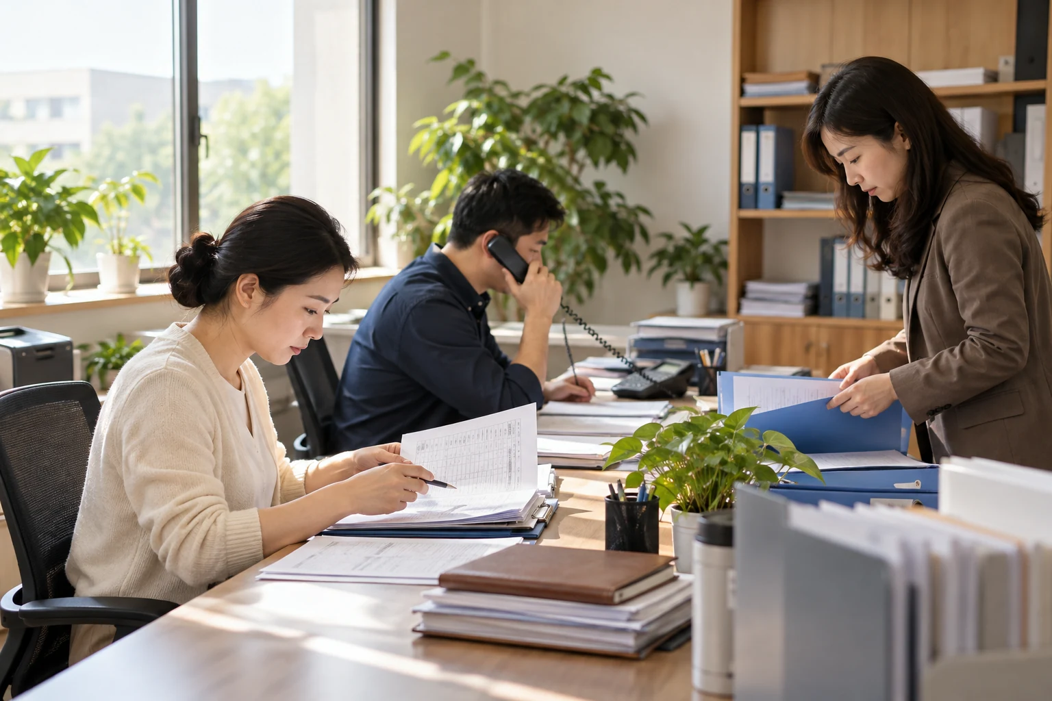 教务准备办公室,三位中国成年工作人员分别核对纸质课程安排、班次文件夹和电话通知,桌面有整齐但分散的资料,真实工作中的协调感,不夸张凌乱,不要看镜头,业务场景示意