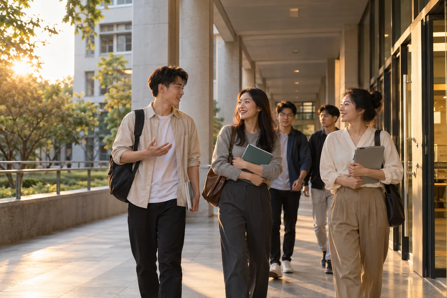 傍晚校园连廊,完成一天课程的中国成年学员轻松交谈走出教学楼,建筑有秩序,树影温暖,表现顺畅有序的在校学习生活,不出现任何企业标识,业务场景示意