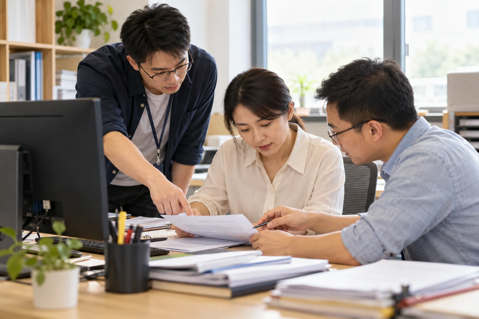 明亮办公桌前,两位中国软件实施工程师与学校业务人员共同核对打印的资料与记录,手势指向同一份材料,侧面电脑背面朝镜头,体现双方把交接关系讲清楚,无可读文字,业务场景示意