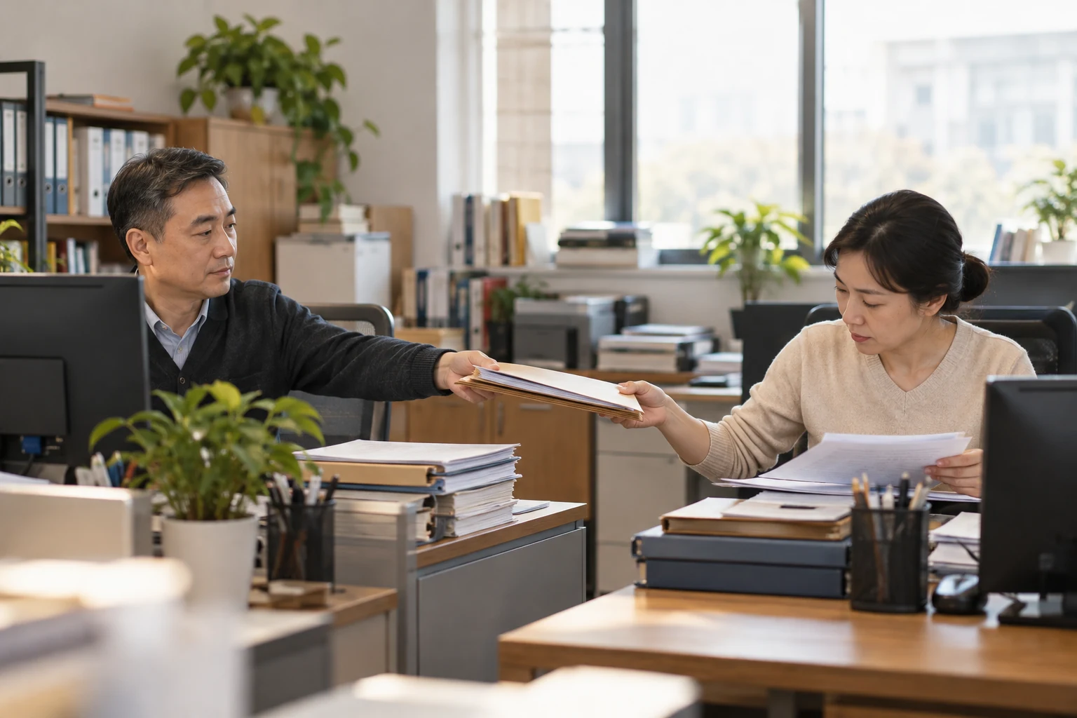 两个相邻办公岗位,中国中年工作人员通过递交纸质文件夹交接一项业务,另一位工作人员正在对照资料核对,暗示跨岗位手工接力,自然不夸张,不出现软件屏幕和文字,业务场景示意