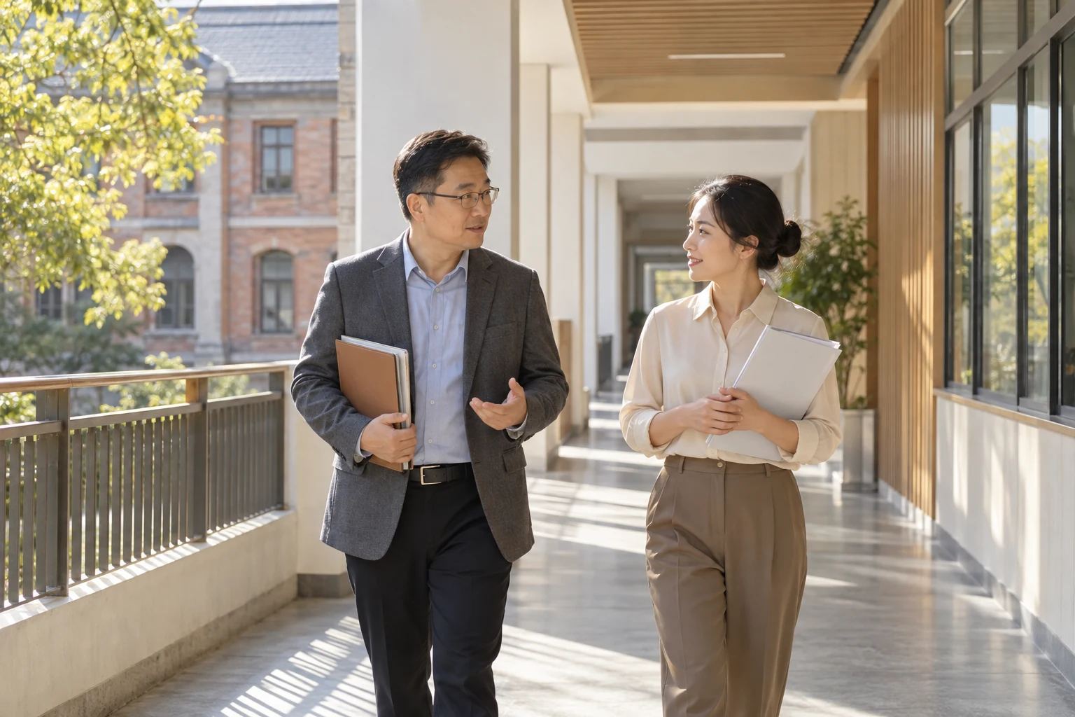 中国校园两位不同部门工作人员在明亮连廊自然交流,手里有各自的工作资料,背景是一侧原有建筑和一侧新修缮空间,画面传达延续与衔接,干净温暖,无标识,业务场景示意