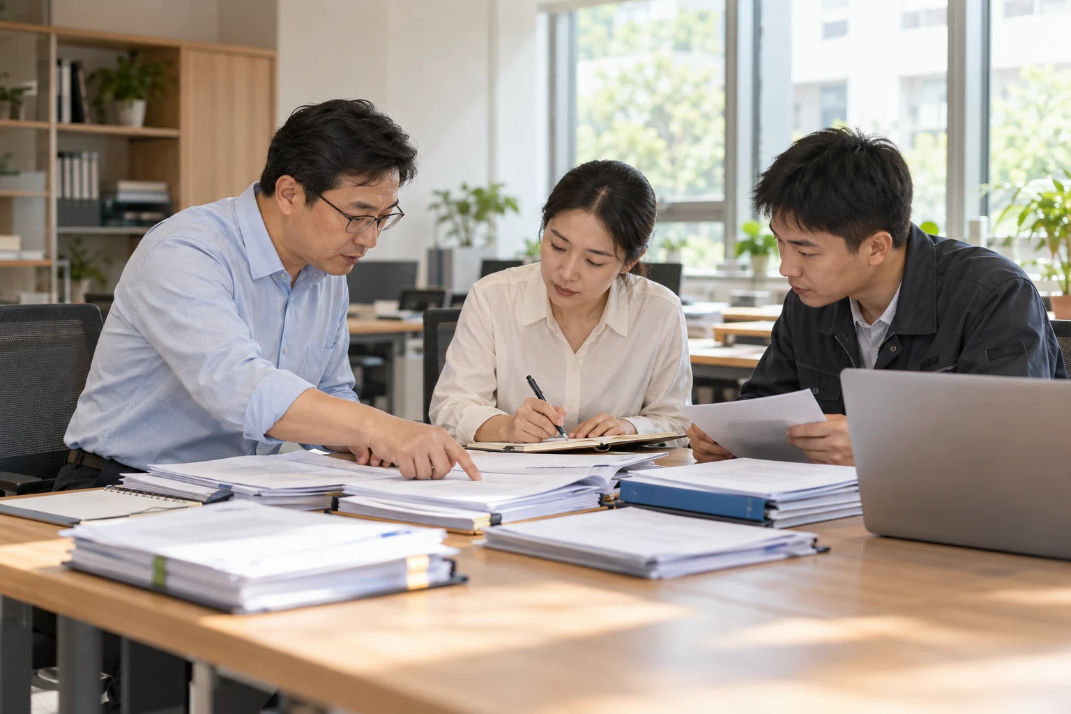 学校信息化负责人、教务人员与实施工程师在明亮工作台前复核一组交接资料,一人逐项指认,一人记录,笔记本屏幕朝内不可读,体现切换后的确认与交接,不签约不握手合影,业务场景示意