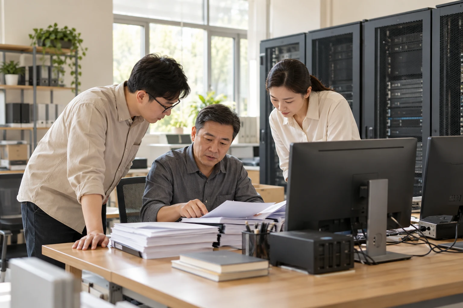 中国成人教育学校的信息化升级项目,一位中年学校信息化负责人和两位实施工程师在明亮整洁的技术工作室核对迁移资料,背景少量关闭的服务器机柜与自然光,电脑背面可见,浅米灰和温暖木色,专业克制,不要蓝色霓虹、二进制、光线特效,业务场景示意