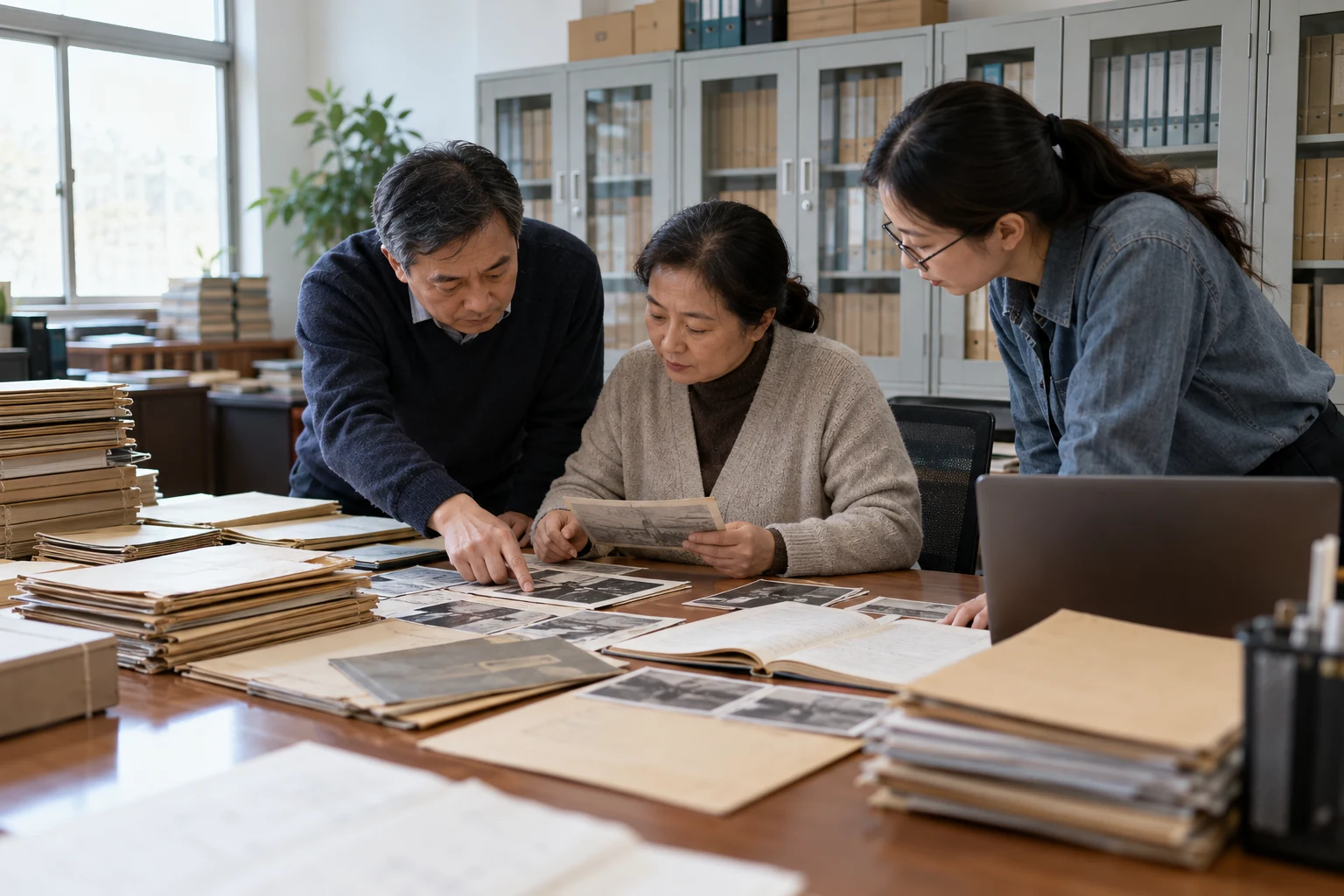 学校档案资料整理现场,中国中年档案人员与信息化同事一起核对多年文件夹、照片附件和一本记录册,墙边整齐档案柜,重点是历史资料之间的关联,真实纪实,不出现可读个人数据,业务场景示意