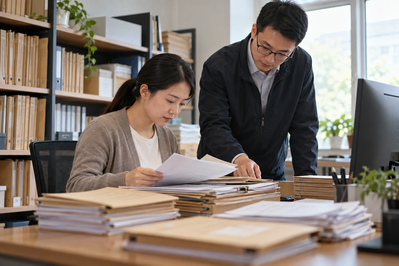 中国校园教务办公室,业务工作人员亲自验证迁移后的历史资料,工程师在旁协助核对原有纸质班次档案,电脑仅见侧背面,专注查验的工作动作,干净自然日光,业务场景示意