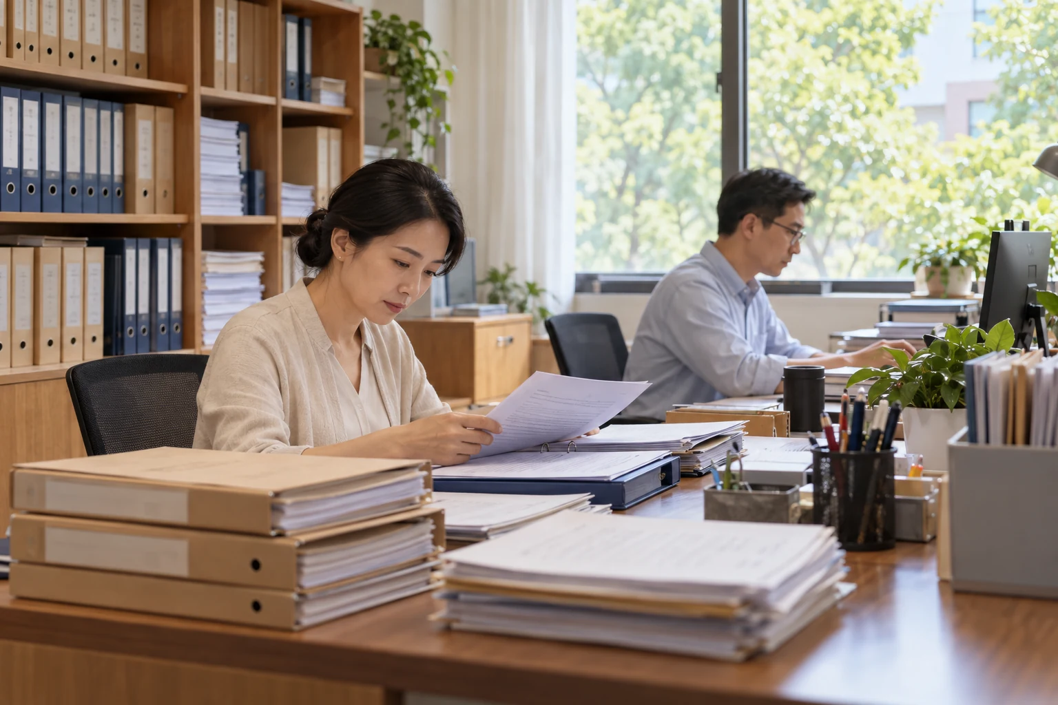 中国成年教务人员在日常办公室从整理好的历史班次文件中查阅资料,同时另一位同事开展当前工作,档案和新工作自然并置,窗外校园绿树,传达资料延续可用,无可读文字,业务场景示意