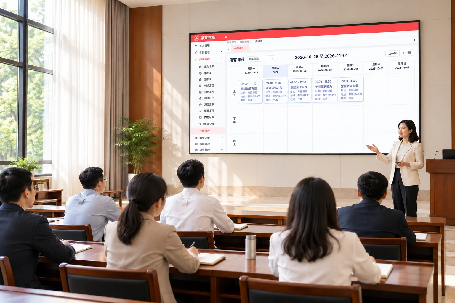 某某党校的教学课堂,教师与学员围绕当日安排开展教学,业务场景示意