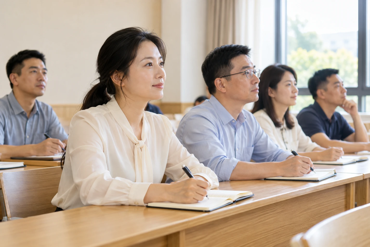 学员在某某党校课堂专注学习,业务场景示意